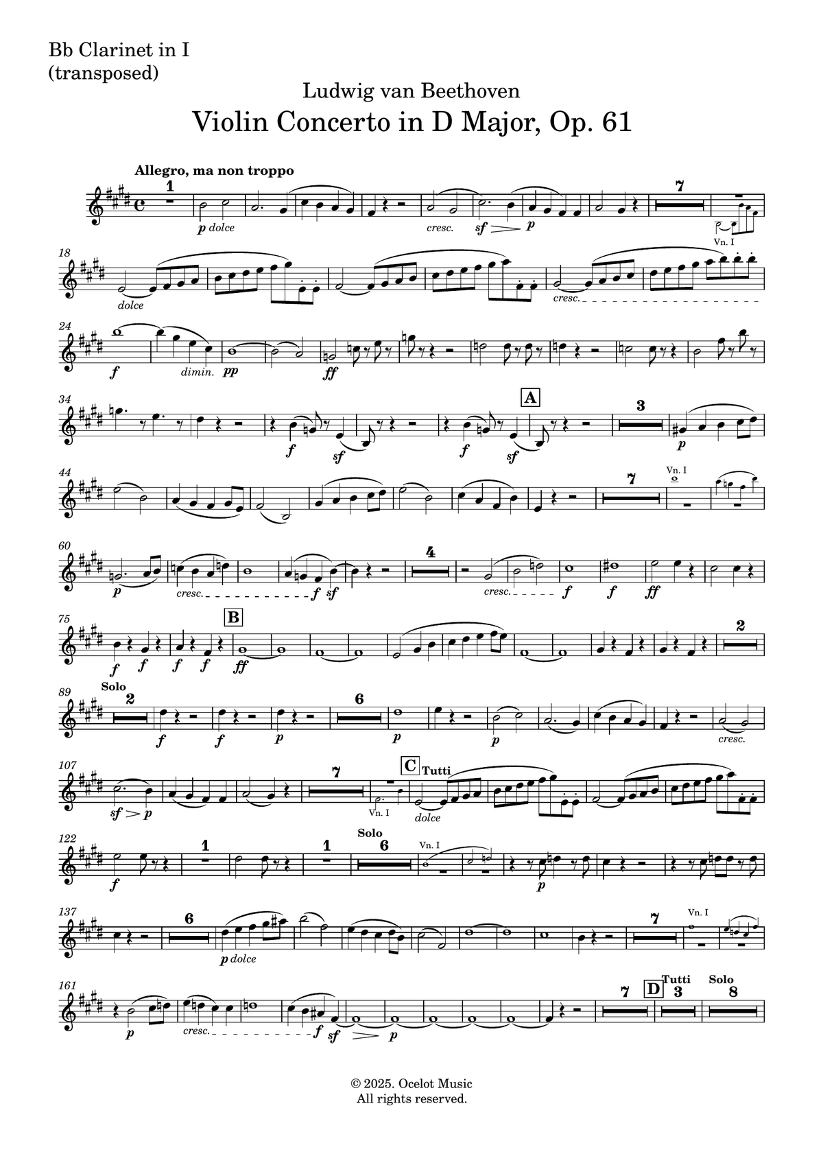 Beethoven: Violin Concerto in D - Clarinet I Part (transposed for Bb Cl.)