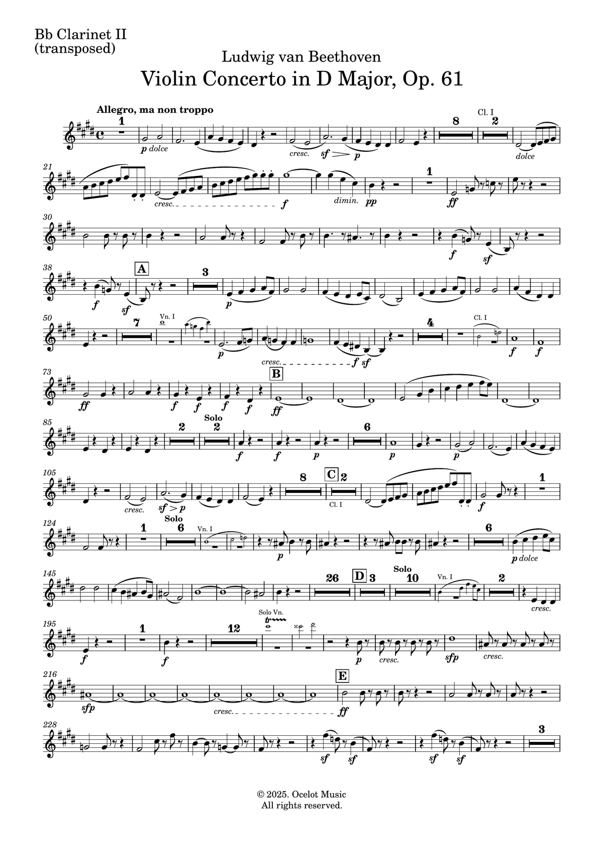 Beethoven: Violin Concerto in D - Clarinet II Part (transposed for Bb Cl.)